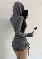 Casual Grey Hooded Drawstring Cotton Jumpsuits Fall