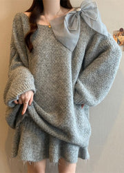 Casual Grey O-Neck Cotton Knit Sweaters And Skirts Two Piece Set Winter