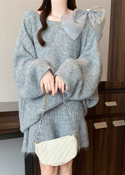 Casual Grey O-Neck Cotton Knit Sweaters And Skirts Two Piece Set Winter