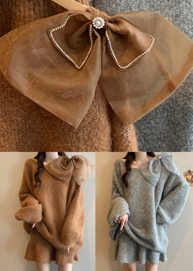 Casual Grey O-Neck Cotton Knit Sweaters And Skirts Two Piece Set Winter