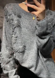 Casual Grey O-Neck Floral Cotton Knit Sweater Fall