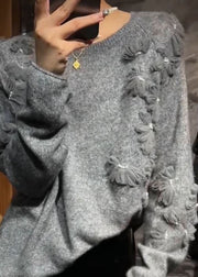 Casual Grey O-Neck Floral Cotton Knit Sweater Fall