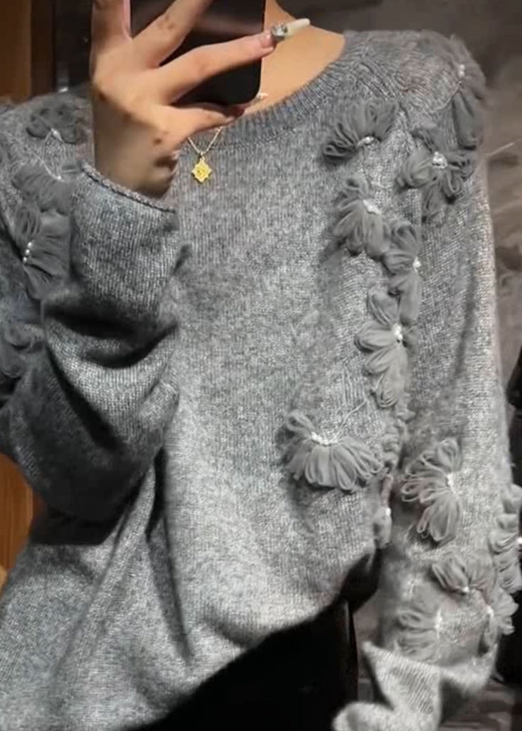 Casual Grey O-Neck Floral Cotton Knit Sweater Fall