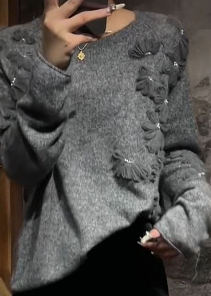 Casual Grey O-Neck Floral Cotton Knit Sweater Fall