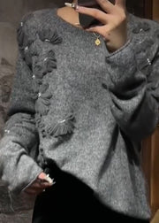 Casual Grey O-Neck Floral Cotton Knit Sweater Fall