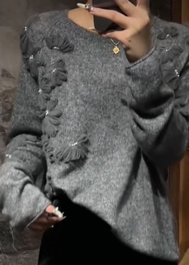 Casual Grey O-Neck Floral Cotton Knit Sweater Fall