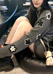 Casual Grey O Neck Floral Knit Sweater Tops Fall