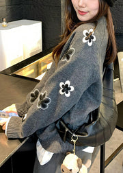 Casual Grey O Neck Floral Knit Sweater Tops Fall