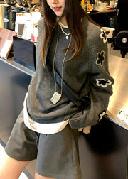 Casual Grey O Neck Floral Knit Sweater Tops Fall