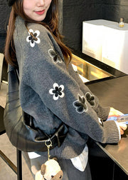 Casual Grey O Neck Floral Knit Sweater Tops Fall