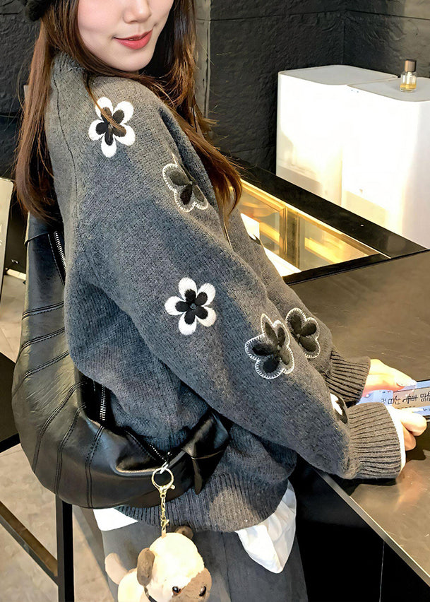 Casual Grey O Neck Floral Knit Sweater Tops Fall