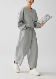 Casual Grey Oversized Cotton Pullover Sweatshirt Two Piece Set Fall