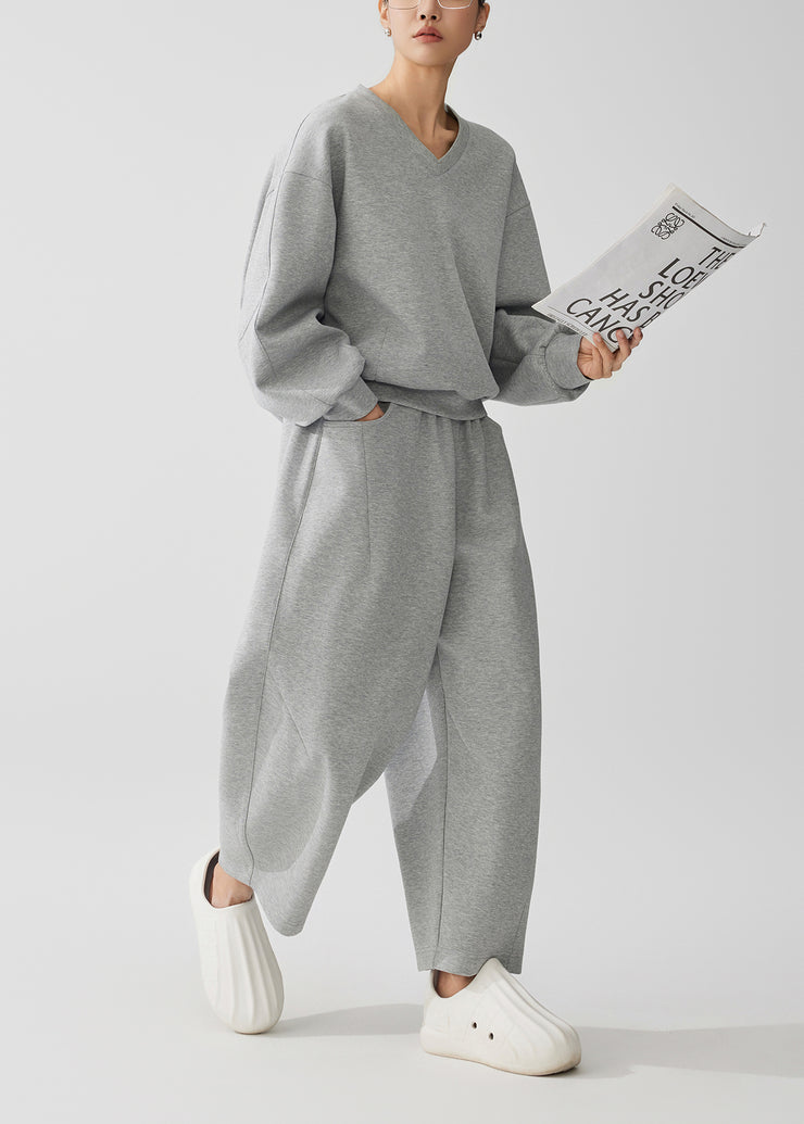 Casual Grey Oversized Cotton Pullover Sweatshirt Two Piece Set Fall