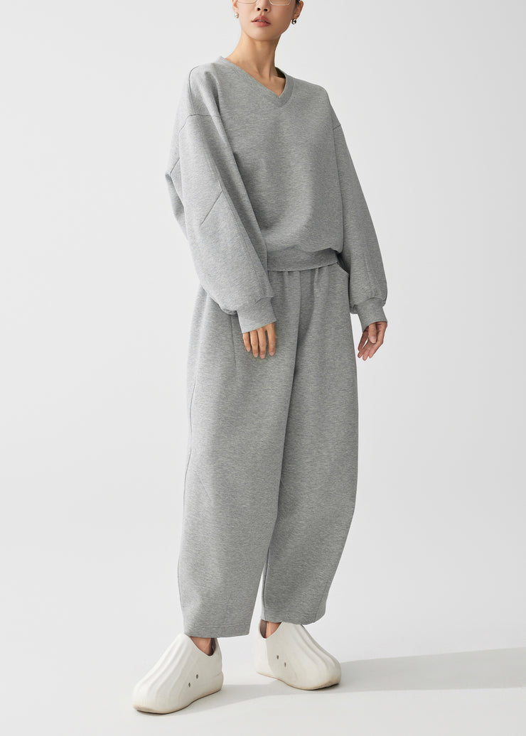 Casual Grey Oversized Cotton Pullover Sweatshirt Two Piece Set Fall