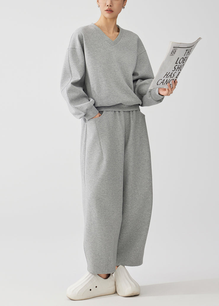 Casual Grey Oversized Cotton Pullover Sweatshirt Two Piece Set Fall