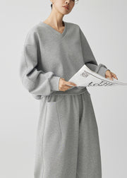 Casual Grey Oversized Cotton Pullover Sweatshirt Two Piece Set Fall