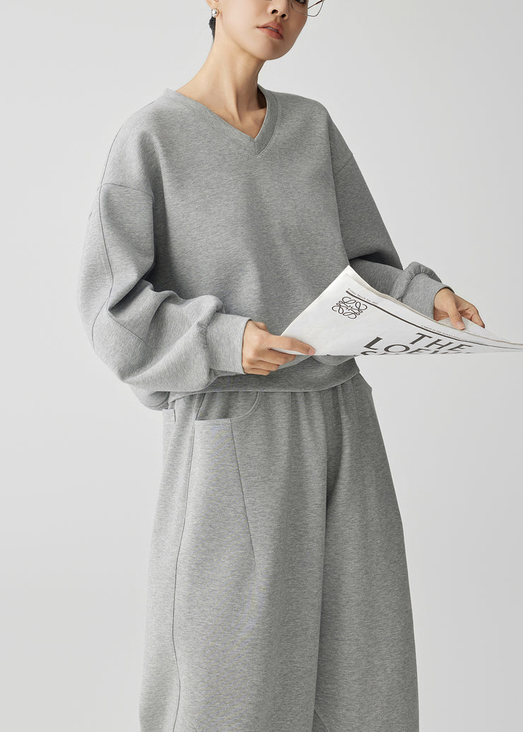 Casual Grey Oversized Cotton Pullover Sweatshirt Two Piece Set Fall