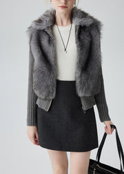 Casual Grey Peter Pan Collar Patchwork Faux Fur Knit Cardigan Winter