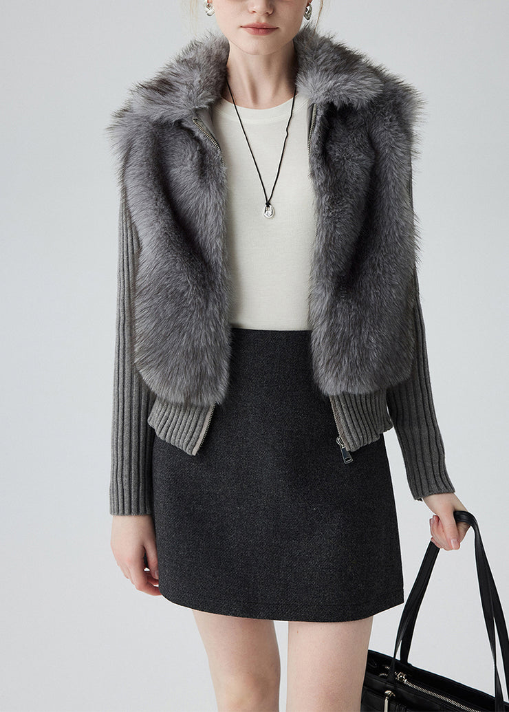 Casual Grey Peter Pan Collar Patchwork Faux Fur Knit Cardigan Winter