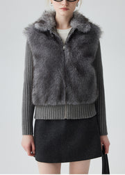 Casual Grey Peter Pan Collar Patchwork Faux Fur Knit Cardigan Winter