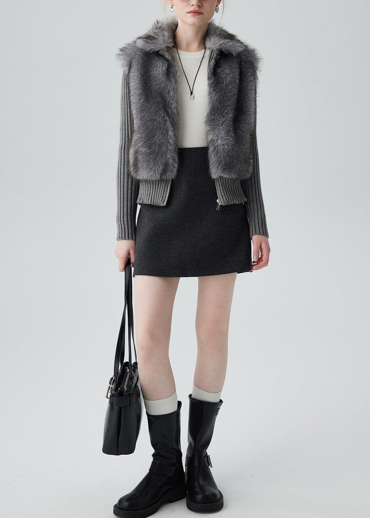 Casual Grey Peter Pan Collar Patchwork Faux Fur Knit Cardigan Winter