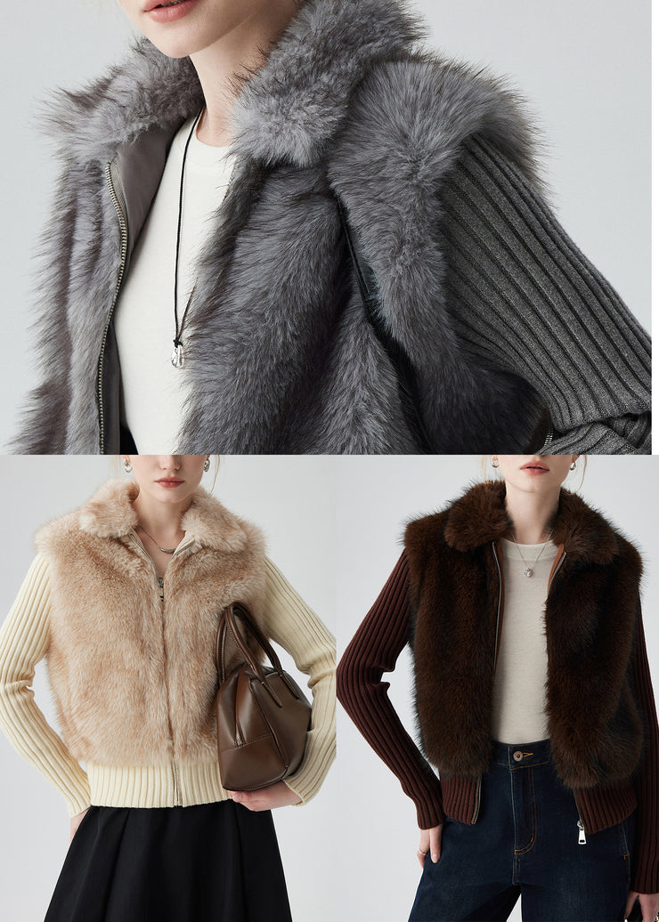 Casual Grey Peter Pan Collar Patchwork Faux Fur Knit Cardigan Winter