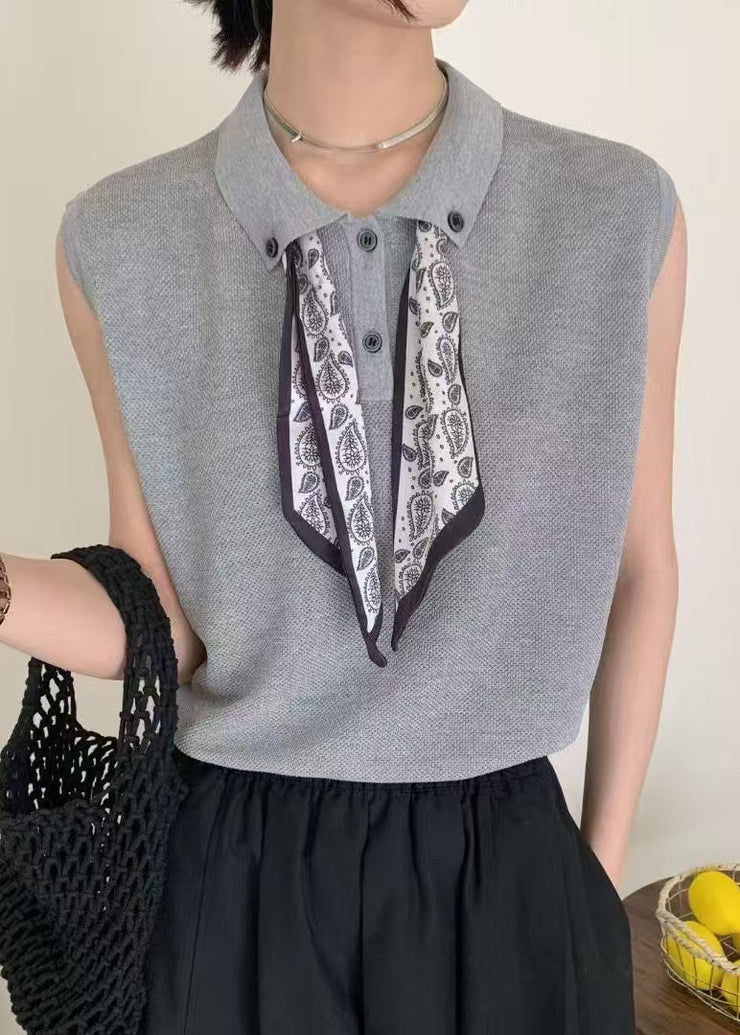 Casual Grey Peter Pan Collar Scarves Knit Shirt Top Sleeveless
