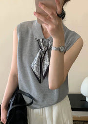 Casual Grey Peter Pan Collar Scarves Knit Shirt Top Sleeveless