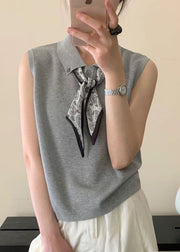 Casual Grey Peter Pan Collar Scarves Knit Shirt Top Sleeveless