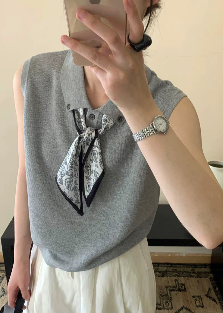 Casual Grey Peter Pan Collar Scarves Knit Shirt Top Sleeveless