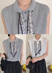 Casual Grey Peter Pan Collar Scarves Knit Shirt Top Sleeveless