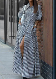 Casual Grey Plaid Tie Waist Long Dresses Summer