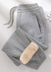 Casual Grey Pockets Elastic Waist Teddy Warm Fleece Pants Winter