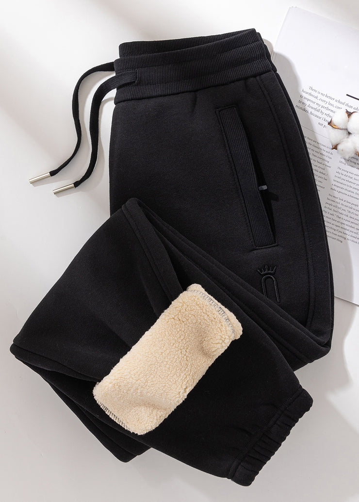 Casual Grey Pockets Elastic Waist Teddy Warm Fleece Pants Winter