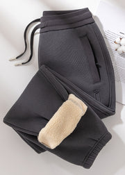 Casual Grey Pockets Elastic Waist Teddy Warm Fleece Pants Winter