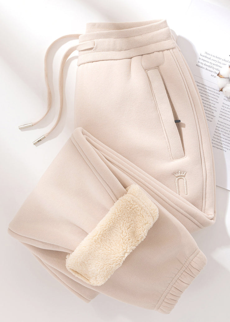 Casual Grey Pockets Elastic Waist Teddy Warm Fleece Pants Winter