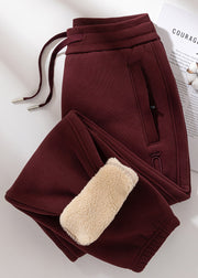 Casual Grey Pockets Elastic Waist Teddy Warm Fleece Pants Winter