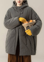 Casual Grey Pockets Hooded Parka Lantern Sleeve
