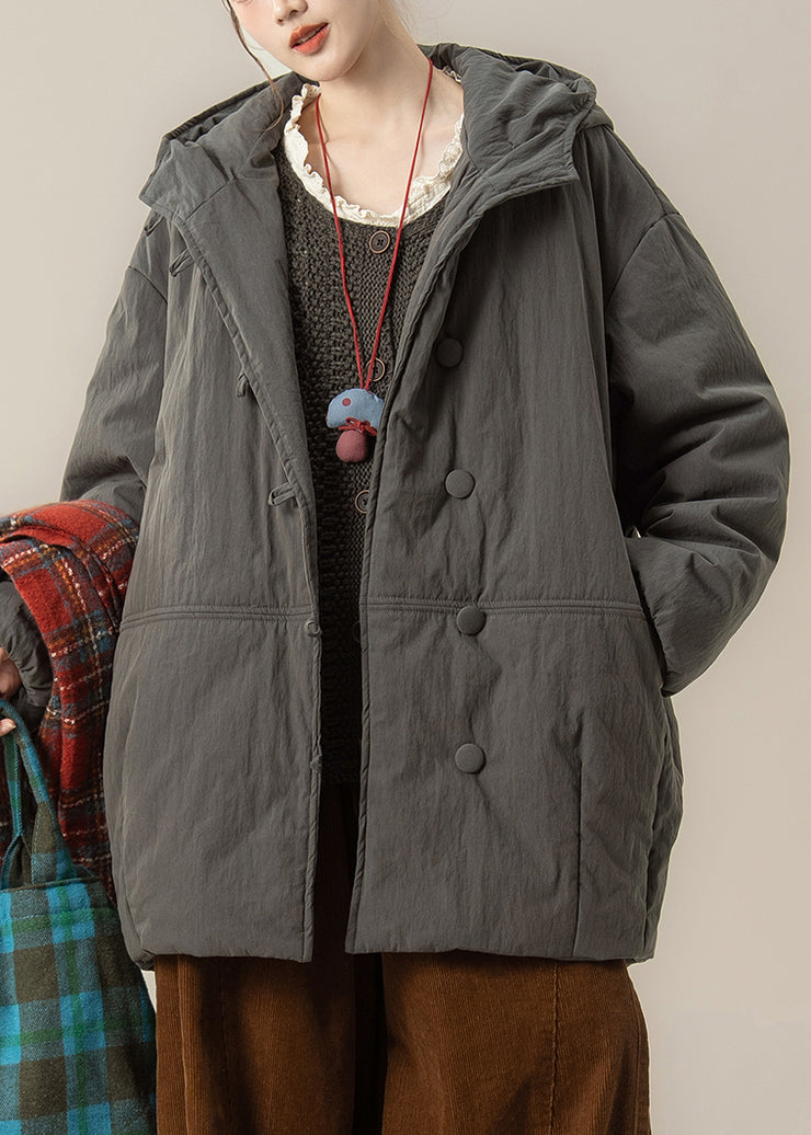 Casual Grey Pockets Hooded Parka Lantern Sleeve