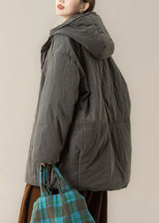 Casual Grey Pockets Hooded Parka Lantern Sleeve
