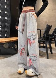 Casual Grey Pockets Print Elastic Waist Cotton Pants Fall