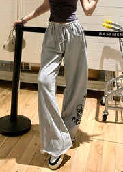 Casual Grey Print Pockets Elastic Waist Cotton Pants Summer