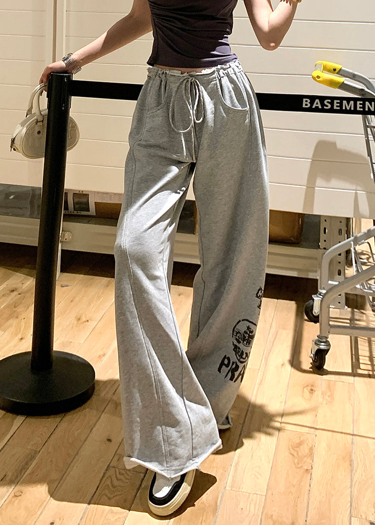 Casual Grey Print Pockets Elastic Waist Cotton Pants Summer