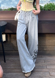 Casual Grey Print Pockets Elastic Waist Cotton Pants Summer