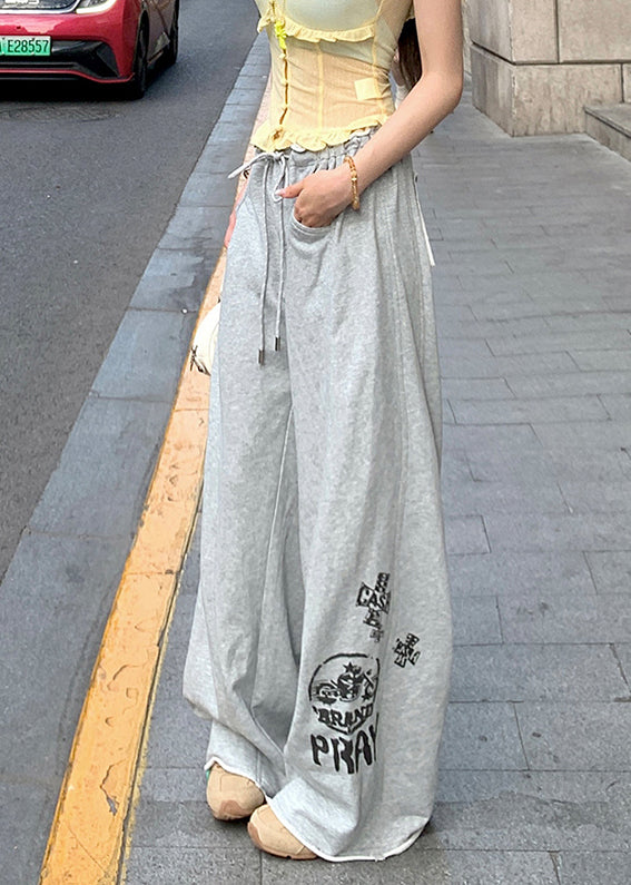 Casual Grey Print Pockets Elastic Waist Cotton Pants Summer
