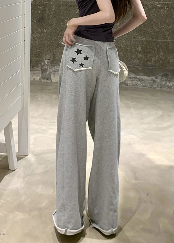 Casual Grey Print Pockets Elastic Waist Cotton Pants Summer