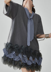 Casual Grey Ruffled Tulle Patchwork Fake Two Pieces Mid Dress Short Sleeve