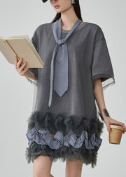 Casual Grey Ruffled Tulle Patchwork Fake Two Pieces Mid Dress Short Sleeve