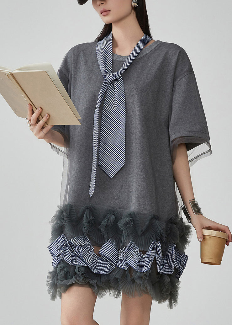 Casual Grey Ruffled Tulle Patchwork Fake Two Pieces Mid Dress Short Sleeve
