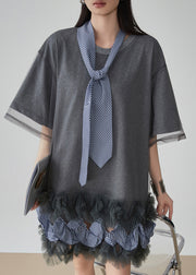 Casual Grey Ruffled Tulle Patchwork Fake Two Pieces Mid Dress Short Sleeve